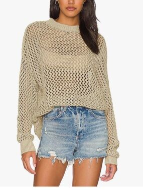 360 Sweater Women’s Gray Linen/Cotton Open-Weave Crewneck Sweater